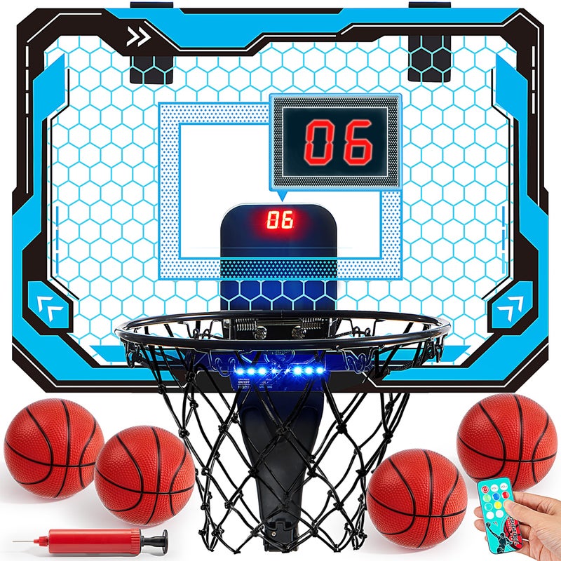 SYNCFUN Mini Basketball Hoop Over The Door LED Indoor Basketball Hoop for Kids with Scoreboard 4 Balls Basket Ball Game Toys Gifts for Boys Ages 3 and UPBlue - Image 3