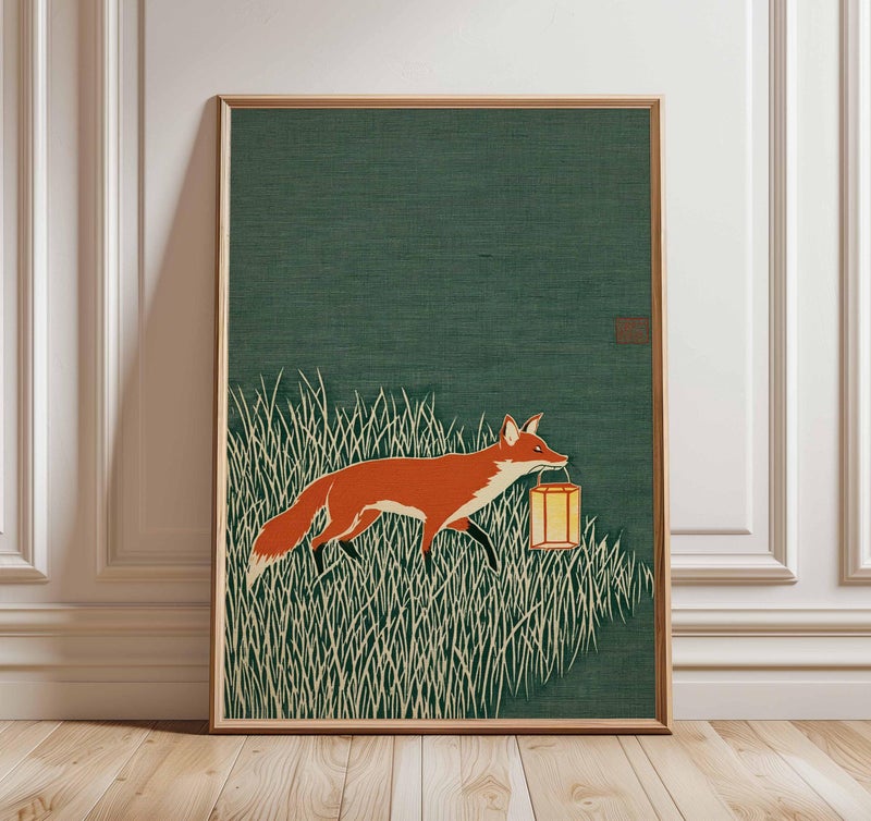 TNESSENTIAL Fox Art Print, Japanese Style Animal Poster, Minimalist Nature Wall Art, Modern Woodland Illustration, Rustic Green Home Decor - Image 1