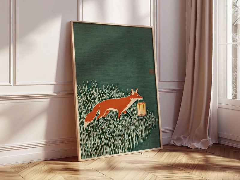 TNESSENTIAL Fox Art Print, Japanese Style Animal Poster, Minimalist Nature Wall Art, Modern Woodland Illustration, Rustic Green Home Decor - Image 2