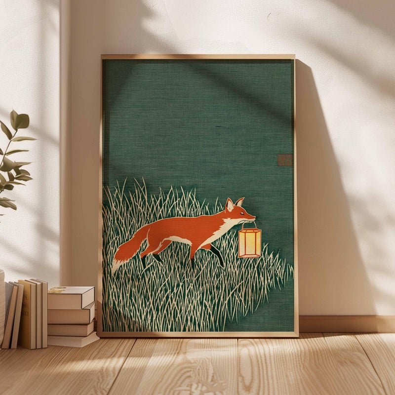TNESSENTIAL Fox Art Print, Japanese Style Animal Poster, Minimalist Nature Wall Art, Modern Woodland Illustration, Rustic Green Home Decor - Image 4