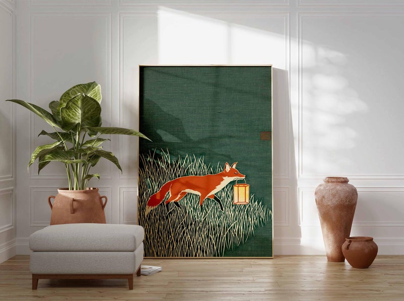 TNESSENTIAL Fox Art Print, Japanese Style Animal Poster, Minimalist Nature Wall Art, Modern Woodland Illustration, Rustic Green Home Decor - Image 5