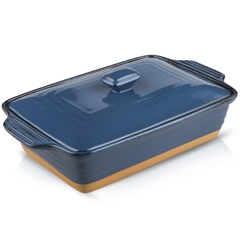 HVH Ceramic Casserole Dish with Lid Oven Safe 35 Quart Large Casserole Dish Covered Rectangular Casserole Dish Set 9x13 Casserole Dish Baking Dishes for Casseroles Farmhouse Style Blue