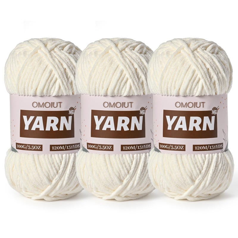 OMoiut 3 Packs Plush Chenille Chunky Crochet Yarn - Baby Yarn for Crocheting Soft - Velvet Yarns Knitting for Blankets Crafts - Fluffy Amigurumi Yarns 300g / 393yd (3 White) - Image 1