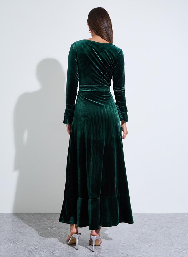 Styli Green Velvet Rhinestone Embellished Waist A-Line maxi Dress - Image 3