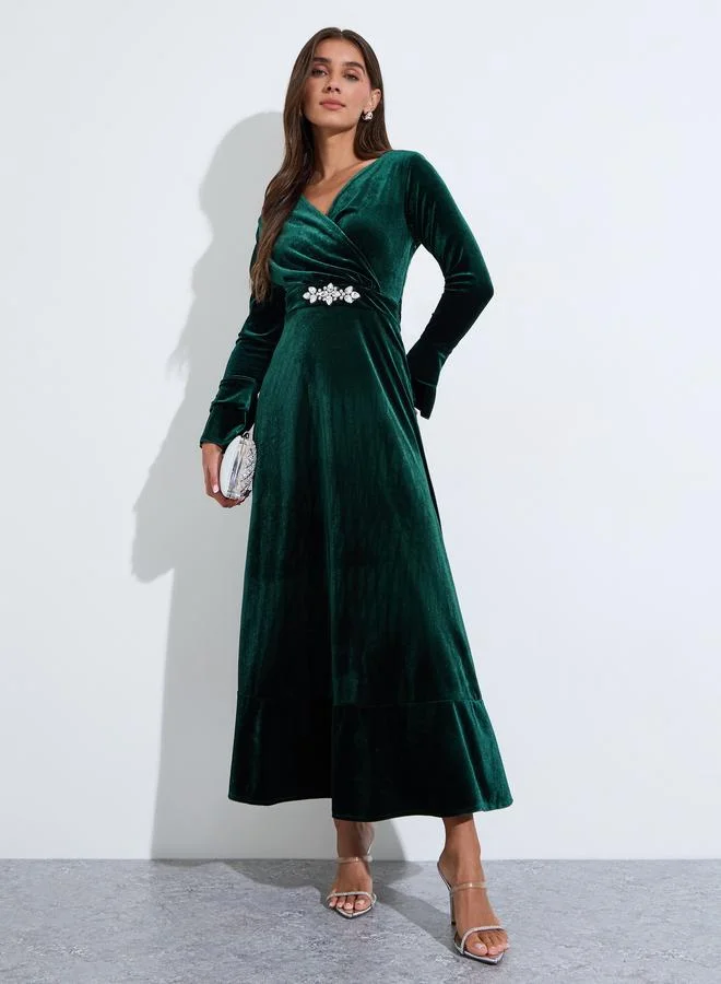 Green Velvet Rhinestone Embellished Waist A-Line maxi Dress