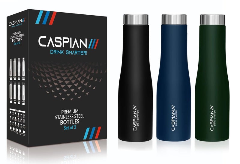 CASPIAN /// Aqua Stainless Steel Water Bottle (Black, Blue & Green, 1 Litre, Set of 3)| Leak Proof Thunder for Fridge Home Office Travel School Kids Boys Girls Adults Sports Gym Yoga - Image 2