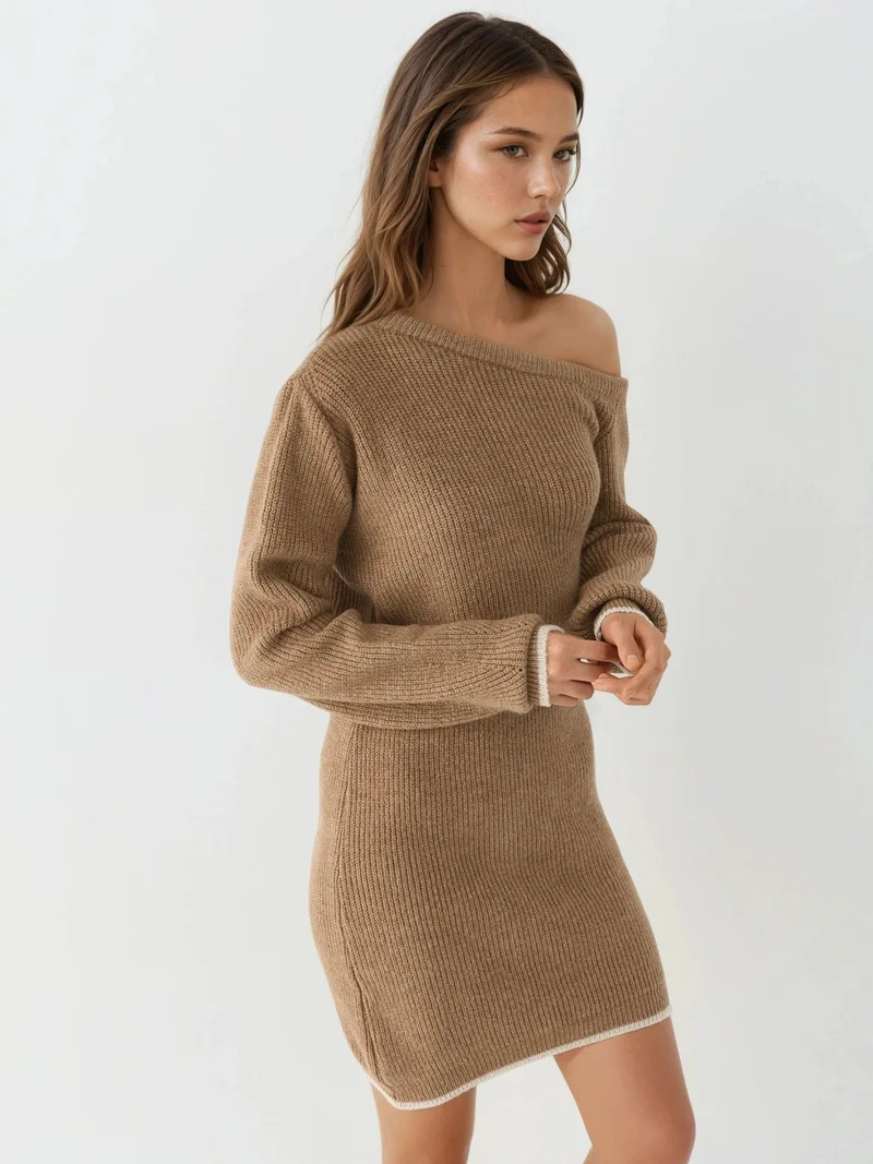 MY FASHION Camel Brown MY FASHION Asymmetrical Collar Ribbed Knit Dress for Women | Best Price UAE