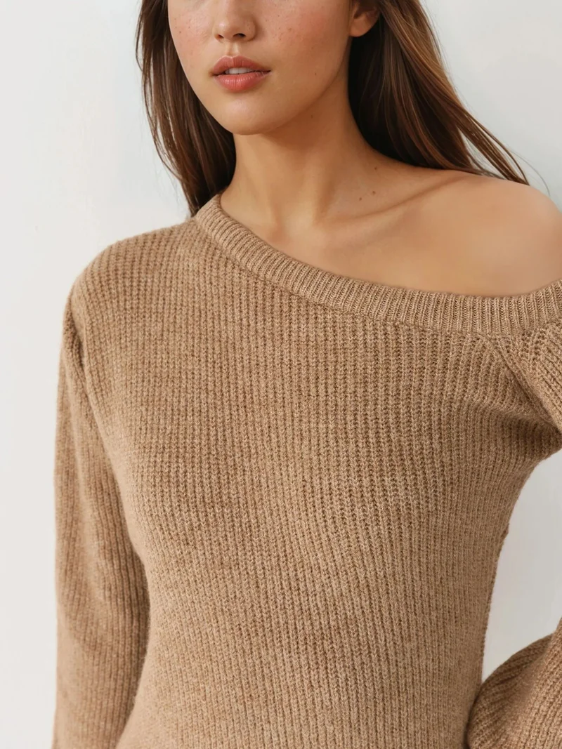 MY FASHION Camel Brown MY FASHION Asymmetrical Collar Ribbed Knit Dress for Women | Best Price UAE