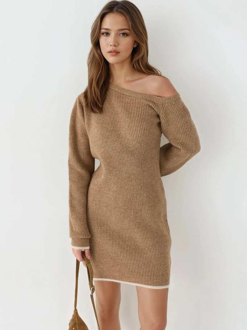 MY FASHION MY FASHION Asymmetrical Collar Ribbed Knit Dress