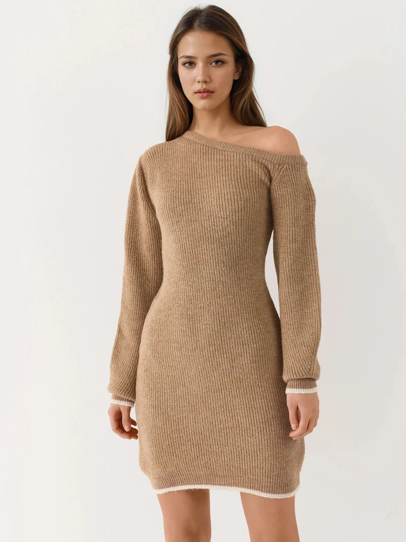 MY FASHION Camel Brown MY FASHION Asymmetrical Collar Ribbed Knit Dress for Women | Best Price UAE