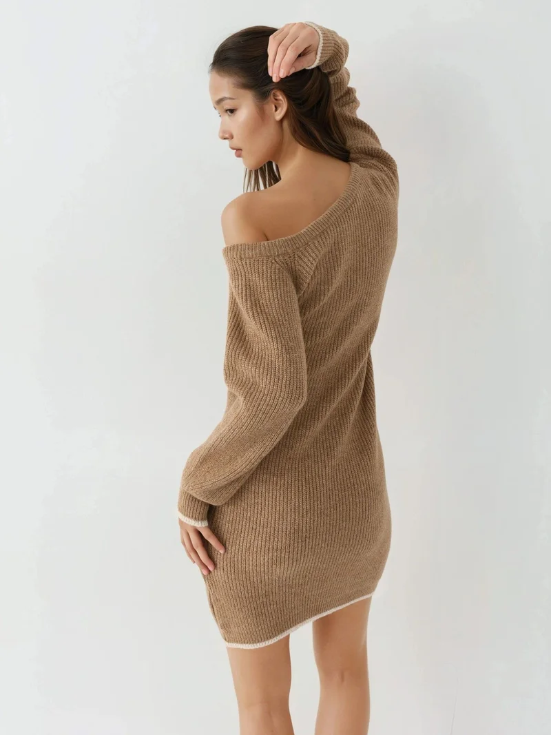 MY FASHION MY FASHION Asymmetrical Collar Ribbed Knit Dress