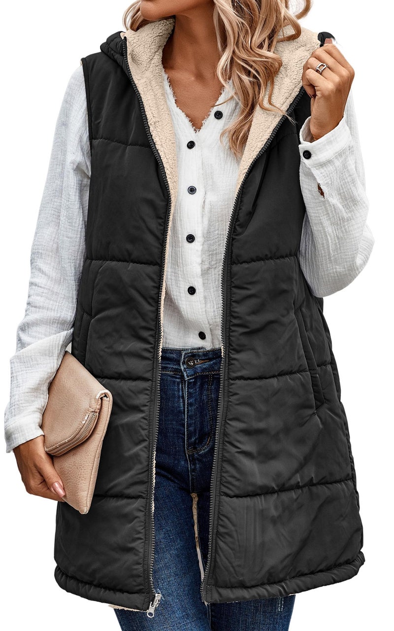 ECOWISH Women Long Puffer Vest Fall Zip up Reversible Fleece Jacket 2025 Winter Warm Sleeveless Hooded Coat with Pockets Black M