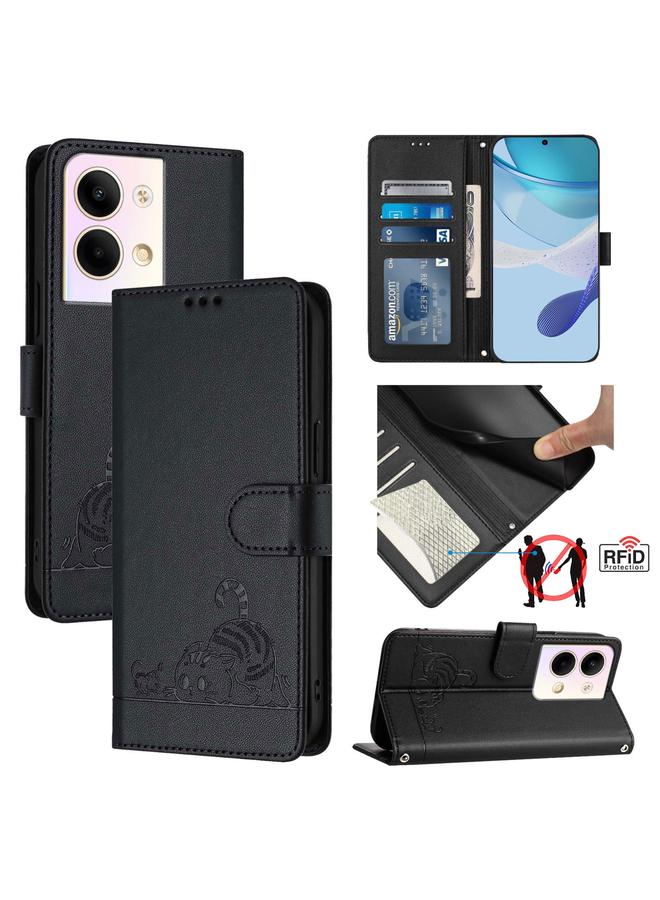 S-TOP Case For OPPO Reno9 5G / Reno9 Pro 5G Cat Rat Embossed Pattern RFID Leather Phone Case with Lanyard - Image 1