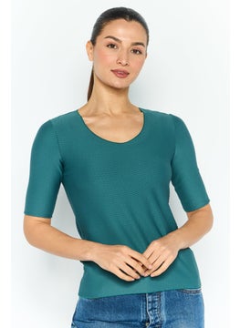 EMPORIO ARMANI Women V-Neck Short Sleeve Textured Top, Green  - Image 1
