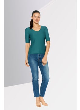 EMPORIO ARMANI Women V-Neck Short Sleeve Textured Top, Green  - Image 2