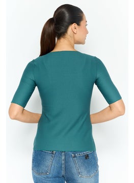EMPORIO ARMANI Women V-Neck Short Sleeve Textured Top, Green  - Image 4