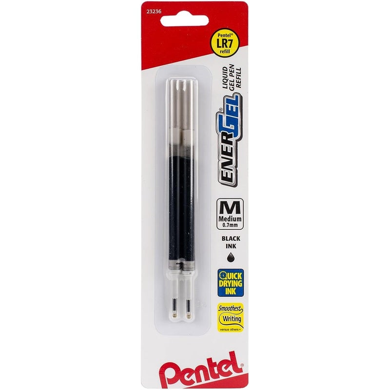 Pentel Refill Ink For EnerGel and Lancelot Gel Pen, (0.7mm), Metal Tip, Black Ink, 2 Pack (LR7BP2A) - Image 1