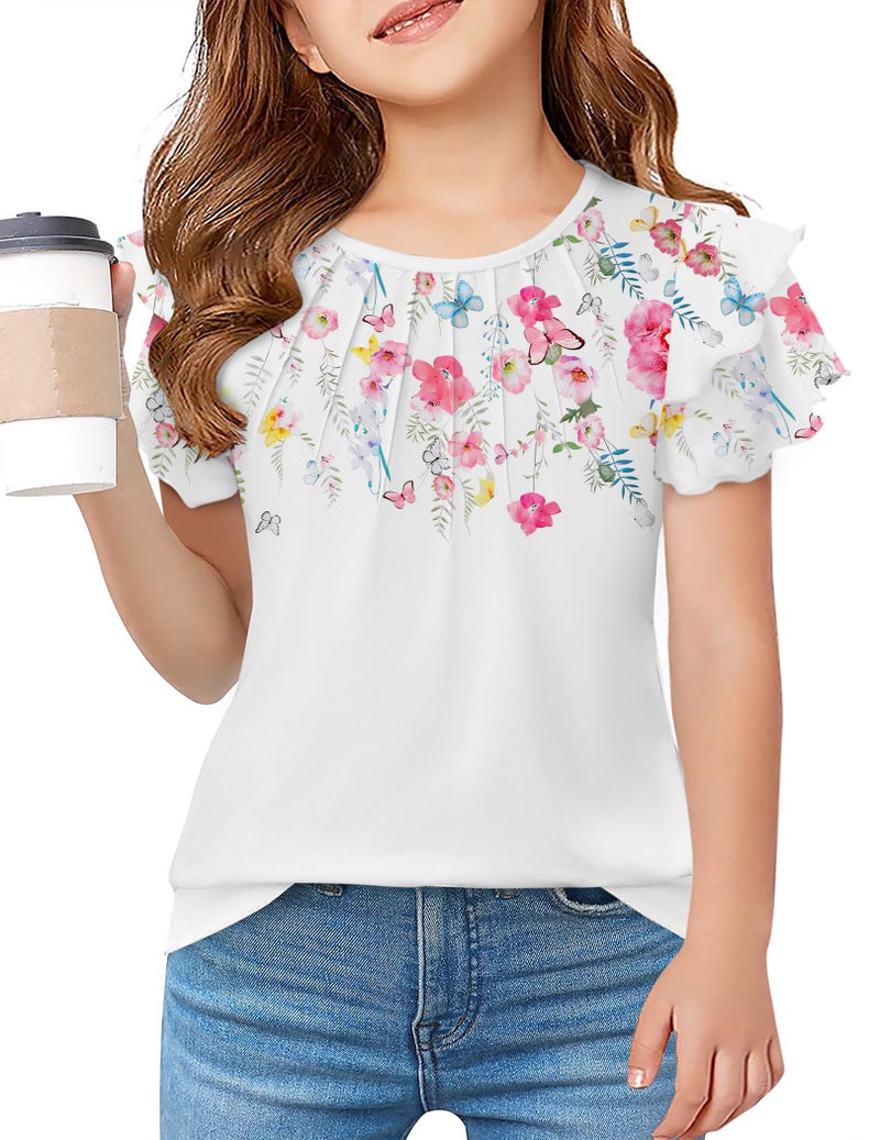 Arshiner Girls Ruffle Short Sleeve Shirts Round Neck Graphic T Shirts for Girls Cute Tunic Shirts Blouse White Flower 9-10 Years - Image 1