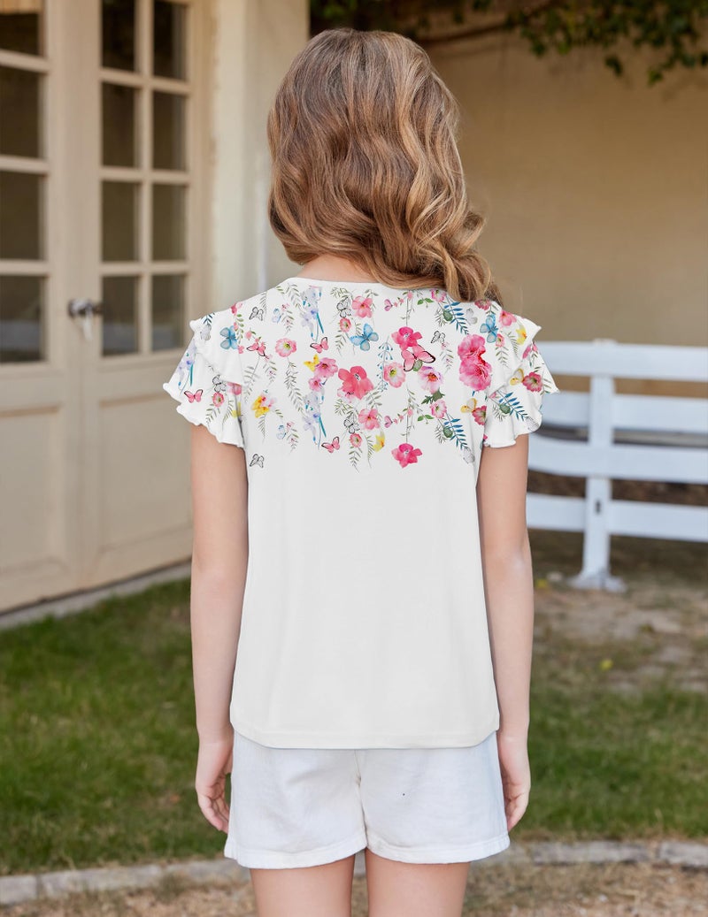 Arshiner Girls Ruffle Short Sleeve Shirts Round Neck Graphic T Shirts for Girls Cute Tunic Shirts Blouse White Flower 9-10 Years - Image 4