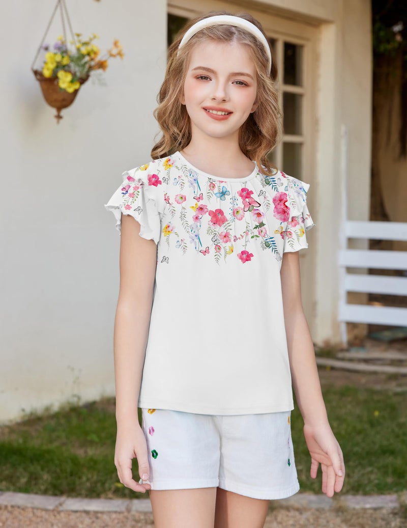 Arshiner Girls Ruffle Short Sleeve Shirts Round Neck Graphic T Shirts for Girls Cute Tunic Shirts Blouse White Flower 9-10 Years - Image 3