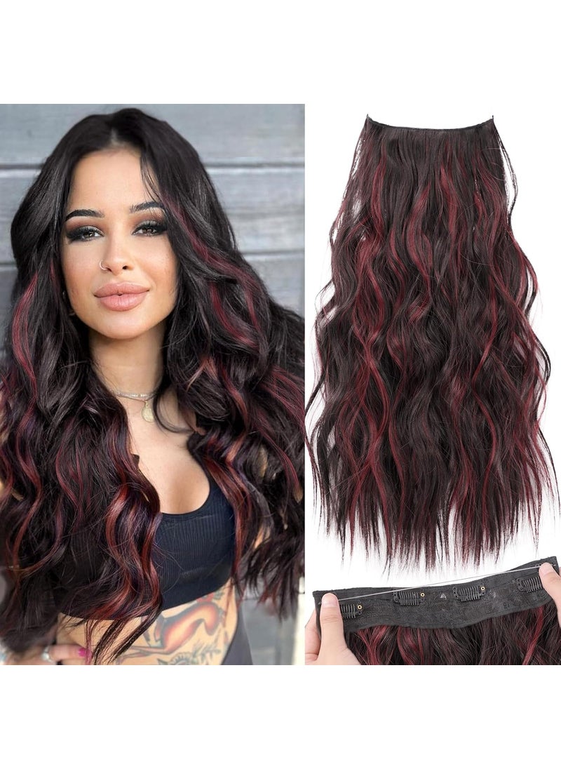 KooKaStyle KooKaStyle Invisible Wire Hair Extensions with Transparent Headband Adjustable Size 4 Secure Clips Long Wavy Secret Wire Hairpiece 20 Inch Burgundy mix Dark Brown for Women 