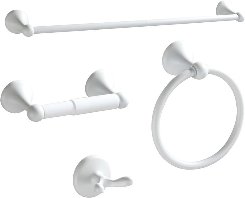BGL Bathroom Accessories Set, White Paint Expandable Towel Bar 4-Piece Bathroom Accessory Set Wall Mounted Towel Ring Robe Hook Toilet Paper Holder Towel Holder - Image 1