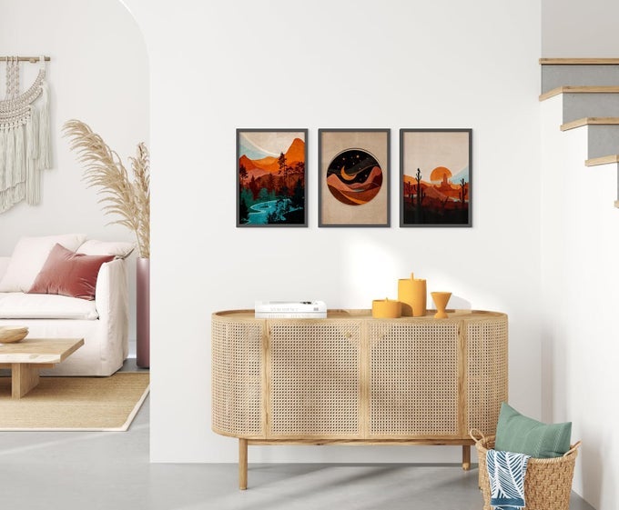 QUOTE UNQUOTE ART WALL PAINTING FOR LIVING ROOM SET OF 3 DESERT LANDSCAPE BOHO WALL DECOR MODERN ART 13X17 INCHES BLACK FRAME