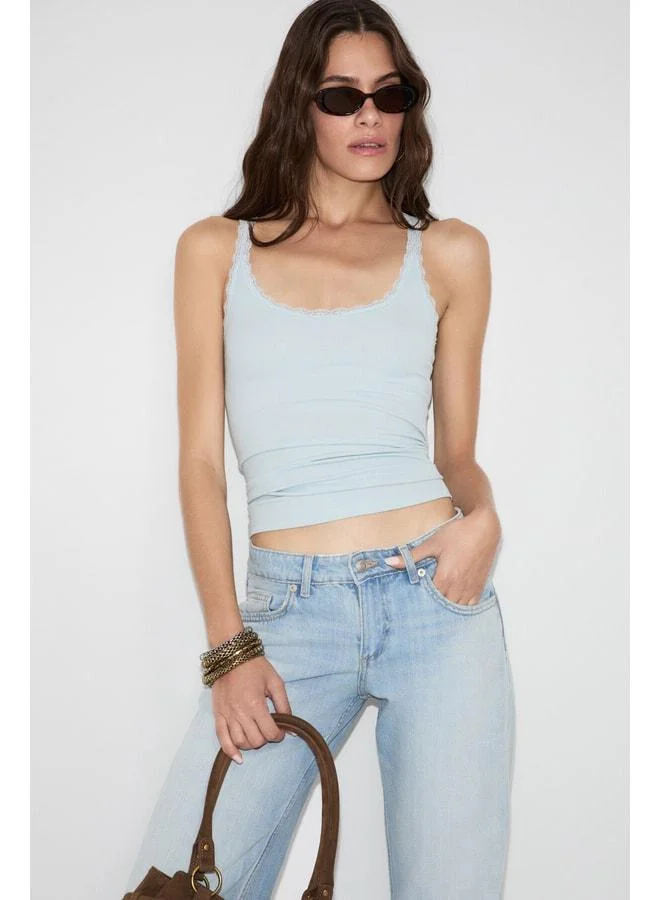 Ethiquet BARRY women's regular-fit cotton tank top with lace detailing, thin straps, and a cutout turquoise neckline.