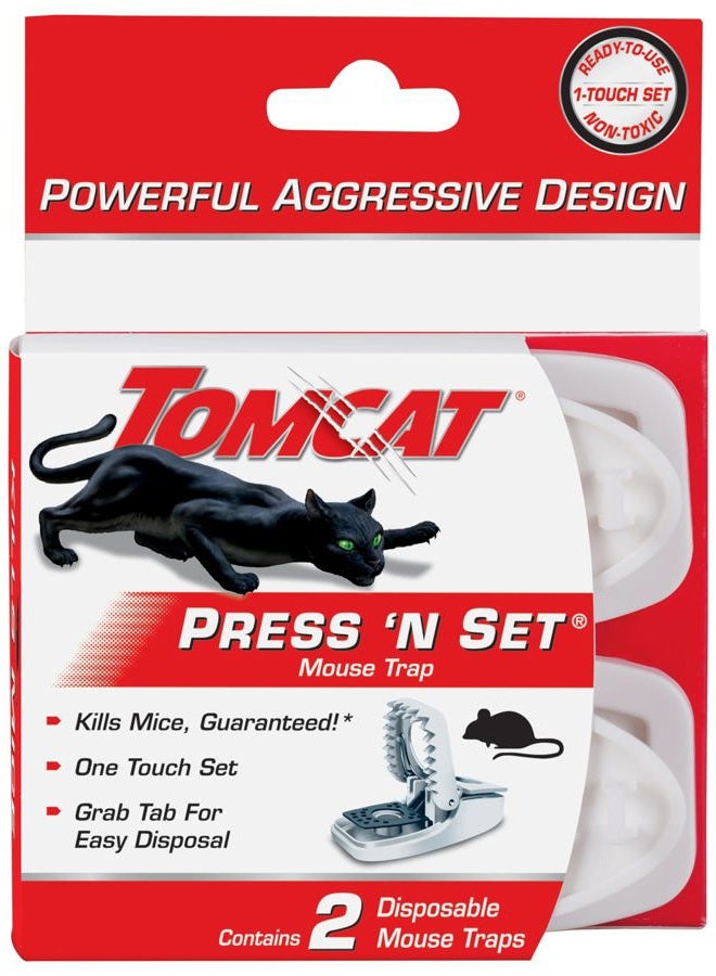 TOMCAT Press 'N Set Mouse Trap, Plastic, Spring-Loaded Mouse Killer with Grab-Tab, 2 Traps - Image 1