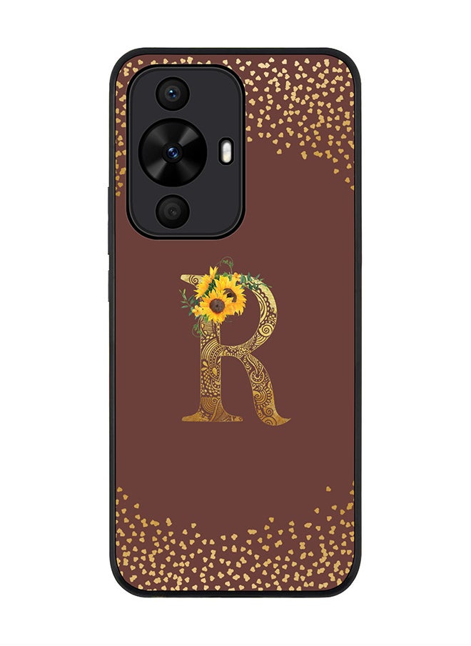 Stylizedd Rugged Black edge case for Huawei nova 12s / Huawei nova 11/ Huawei nova 12 Lite 4G,Custom Monogram Initial Letter Floral Pattern Alphabet - R (Brown)  - Image 1