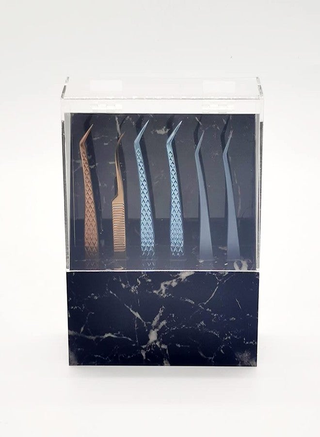 LIXIMMAZN 6-Hole Acrylic Tweezers Display Stand, Dust-proof Tweezers Holder Shelf, Storage Rack Eyelash Extension Box with Cover for Beauty Salon (Black Marble) - Image 1