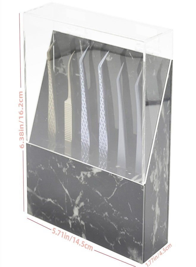 LIXIMMAZN 6-Hole Acrylic Tweezers Display Stand, Dust-proof Tweezers Holder Shelf, Storage Rack Eyelash Extension Box with Cover for Beauty Salon (Black Marble) - Image 2