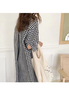 Korean Style Plaid Shirt Dress Women Summer Spring Short Sleeve Cotton Linen Ultra Long over Knee Loose Fashionable Blouse Plaid