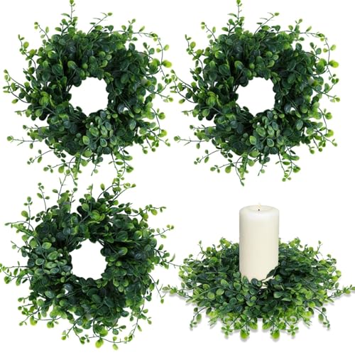 YLOLUL Mini Green Boxwood Candle Rings Wreaths Spring Summer Kitchen Cabinet Swags Wreath 3 Inch Wedding Rings Wreaths Pillar Candle Holder for Wedding Home Door Tabletop Decor 4 Green Boxwood - Image 1
