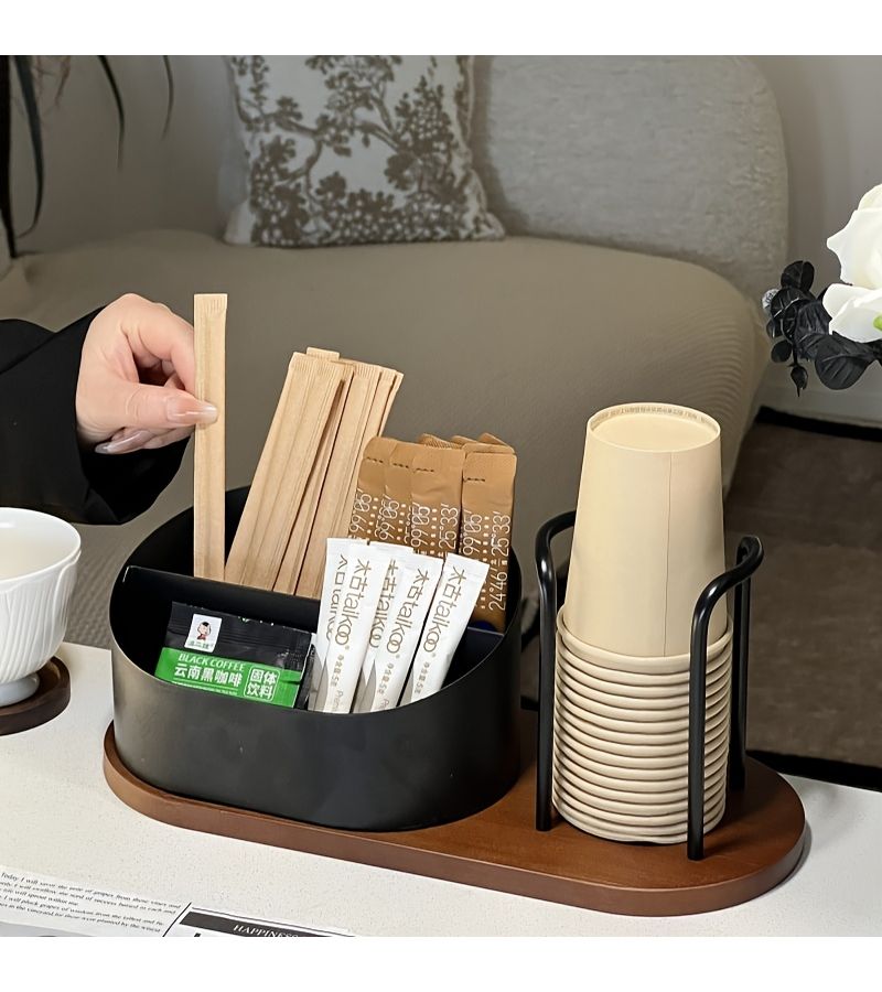 Golden Wooden Small Cup Holder for Coffee Tea Milk Storage Organizer - Image 3