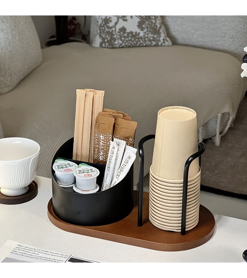 Golden Wooden Small Cup Holder for Coffee Tea Milk Storage Organizer - Image 2