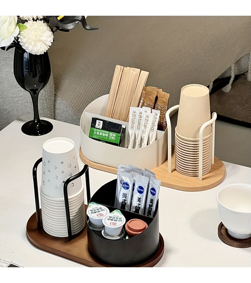 Golden Wooden Small Cup Holder for Coffee Tea Milk Storage Organizer - Image 1