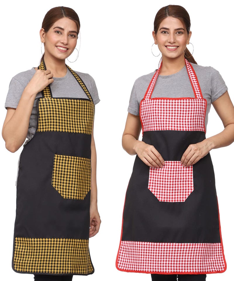 JMi Check and Plain Fabric Designer Waterproof Apron With Front Multi Purpose Pocket For Kitchen, Cooking, Dusting, Home. (Pack of 2) - Image 1