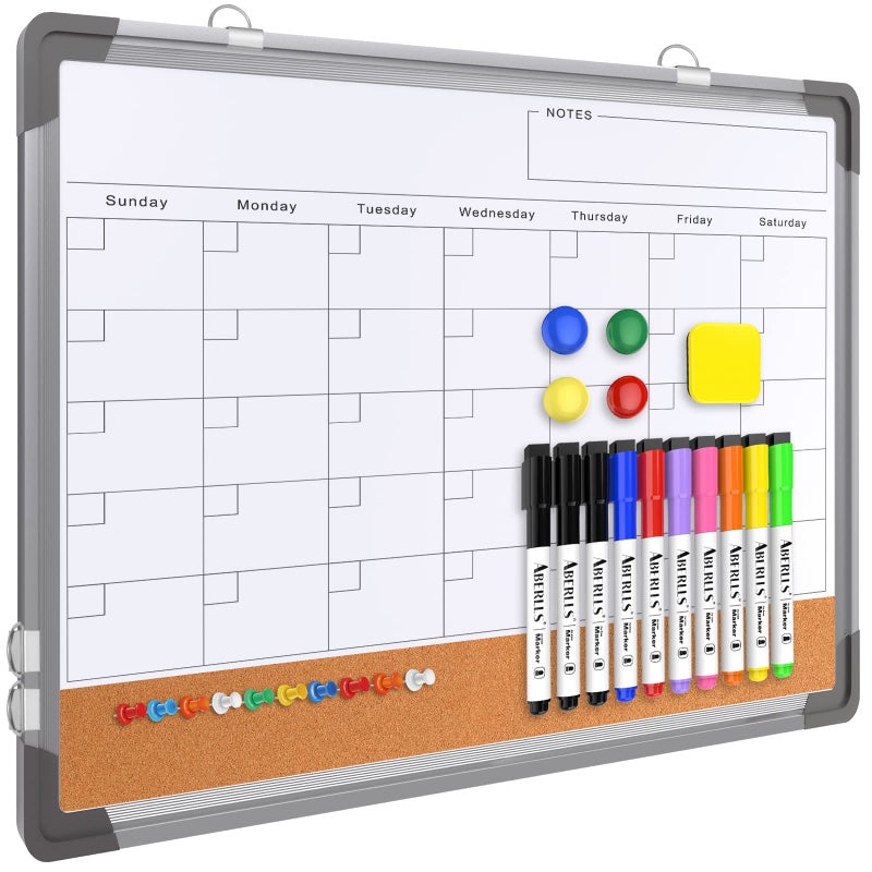ABERLLS Monthly Calendar Whiteboard Dry Erase Cork Board Combination for Wall, 17"x13" Magnetic Dry Erase Board, Double-Sided White Board, Portable Board for Office, Kitchen, Planning, Memo, School, Home - Image 1