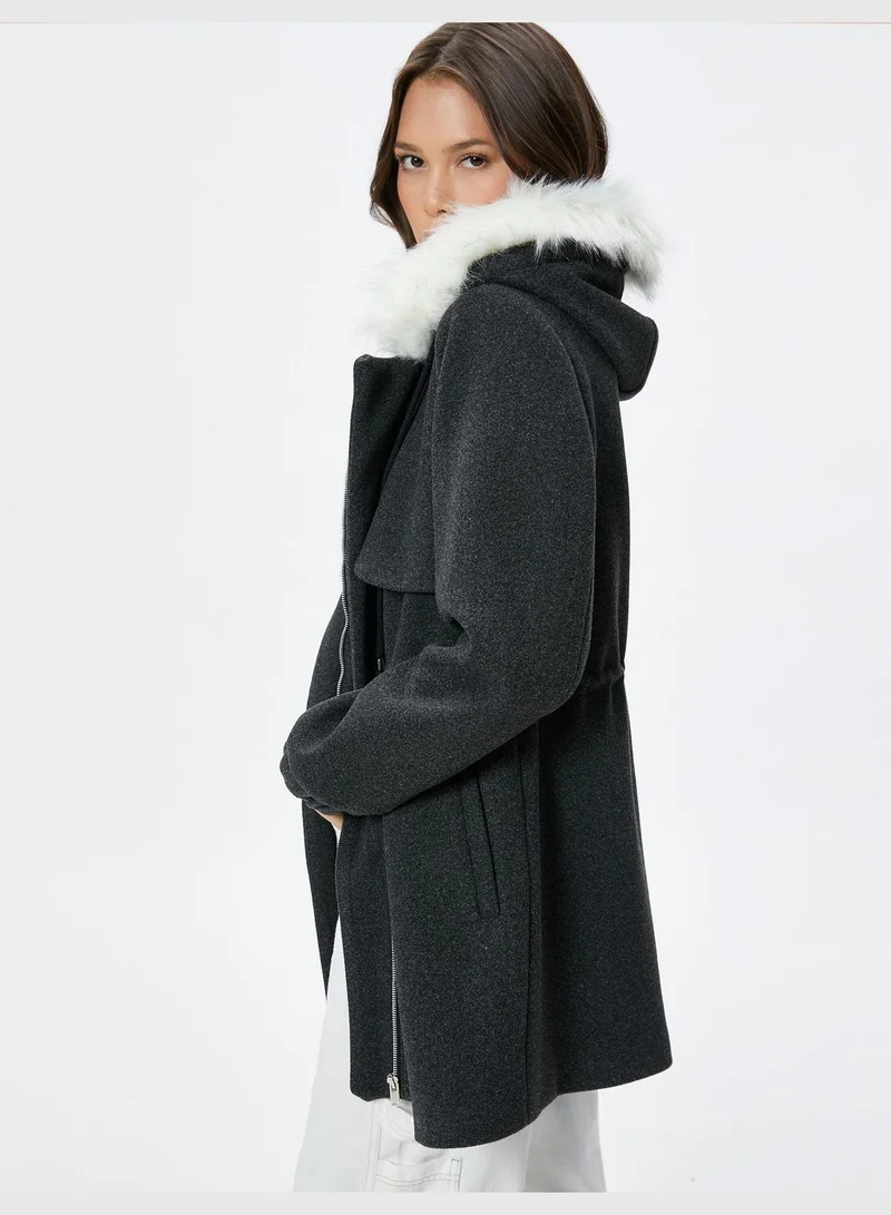 KOTON Pocket Detail Drawstring Faux Fur Detail Hooded Coat