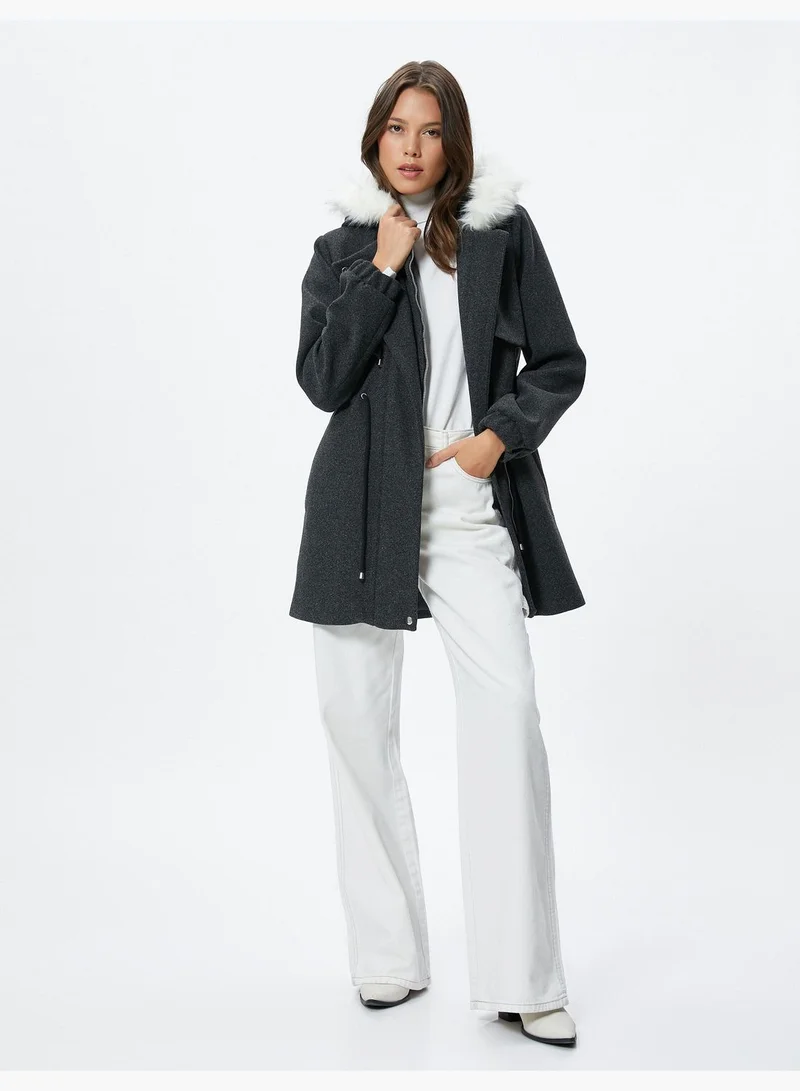 KOTON Pocket Detail Drawstring Faux Fur Detail Hooded Coat