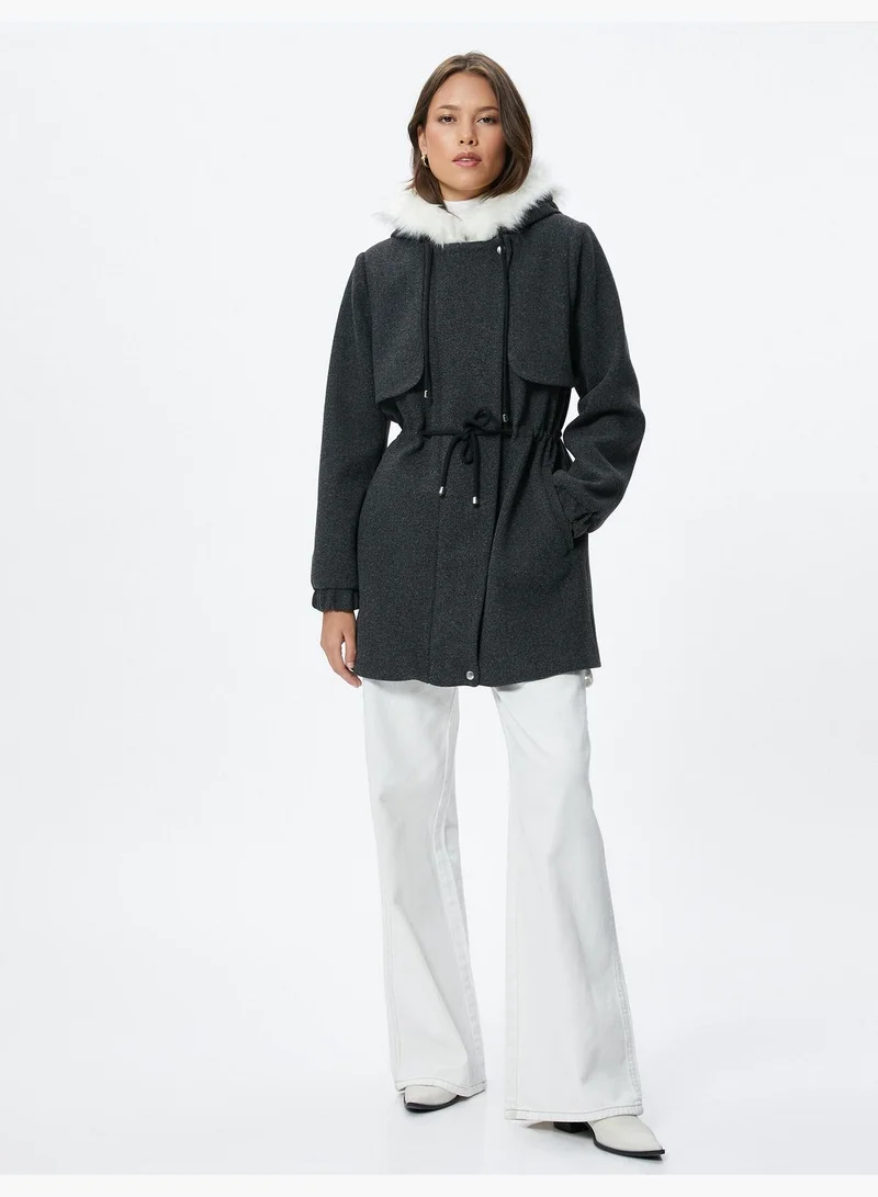 KOTON Pocket Detail Drawstring Faux Fur Detail Hooded Coat