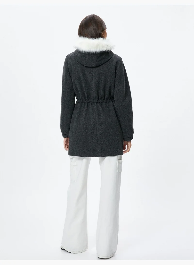 KOTON Pocket Detail Drawstring Faux Fur Detail Hooded Coat