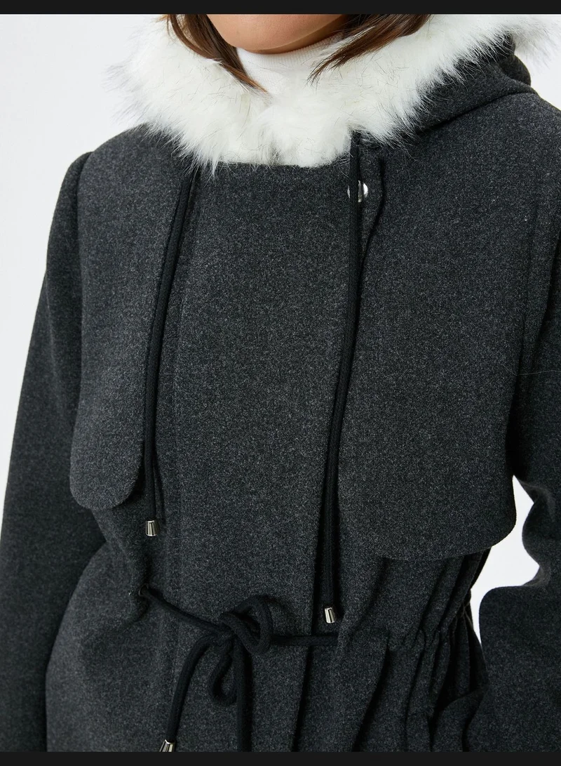 KOTON Pocket Detail Drawstring Faux Fur Detail Hooded Coat