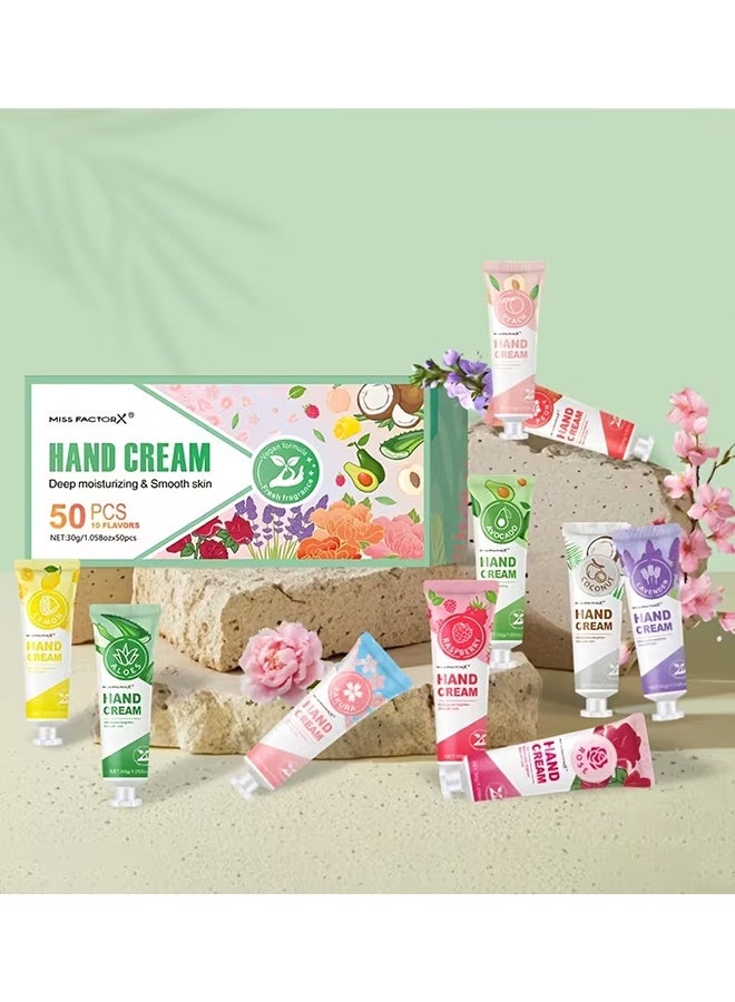 MISS FACTOR X A Box of 50pcs Featuring 10 Different Scented Moisturizing Hand Creams, Perfect for Hydration in Autumn And Winter, Refreshing And Non-Greasy, Compact for Easy Carrying - Image 1