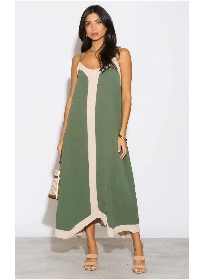 Hoxton Gal Khaki & Beige Colorblock Cami Midi Dress – Relaxed Fit