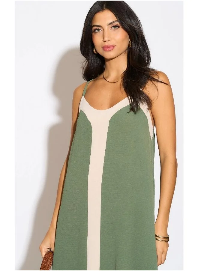 Hoxton Gal Khaki & Beige Colorblock Cami Midi Dress – Relaxed Fit