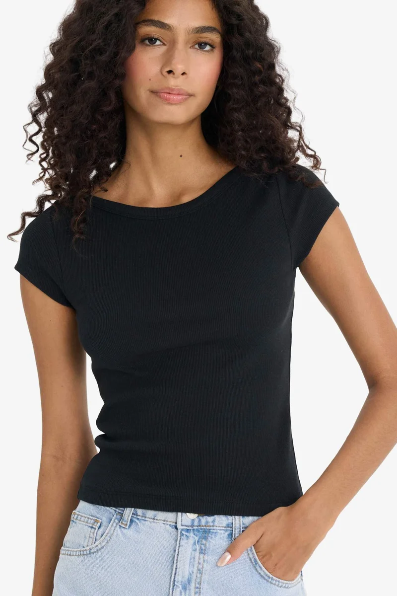 ديفاكتو Slim Fit Boat Neck Ribbed Camisole Black T-Shirt