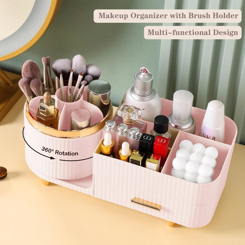 COMFYROOM Rotating Makeup Organizer for Vanity with Brush Holder and Drawer, Cosmetic Makeup Storage, Large Spinning Makeup Skincare Organizer, Countertop Makeup Perfume Organizer, Lotions Display Case (Pink) - Image 2