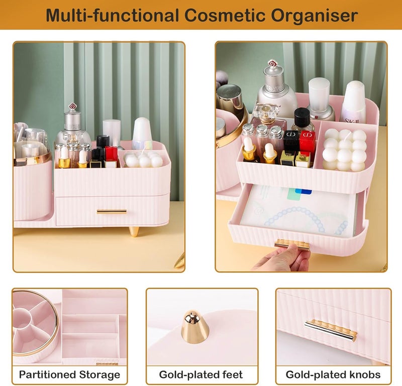 COMFYROOM Rotating Makeup Organizer for Vanity with Brush Holder and Drawer, Cosmetic Makeup Storage, Large Spinning Makeup Skincare Organizer, Countertop Makeup Perfume Organizer, Lotions Display Case (Pink) - Image 3